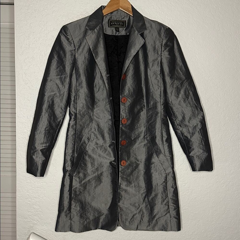 Vintage Express Silver Trench Coat Pockets Nylon Shimmer Y2K Glam Small - Picture 4 of 10